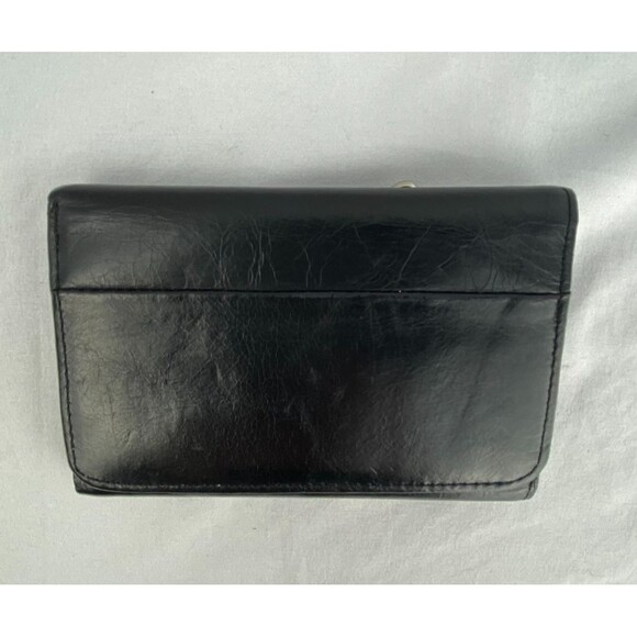 HOBO Jill Leather Wallet Black Trifold Crackled Snap Closure Autumn Leaves - Picture 1 of 11